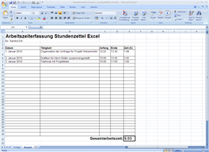 Excel-Vorlage mit einer Tabelle zur Zeiterfassung als Stundenzettel