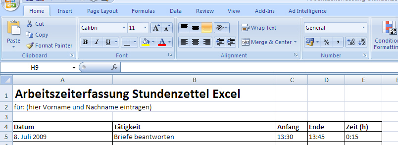 Stundenzettel Excel